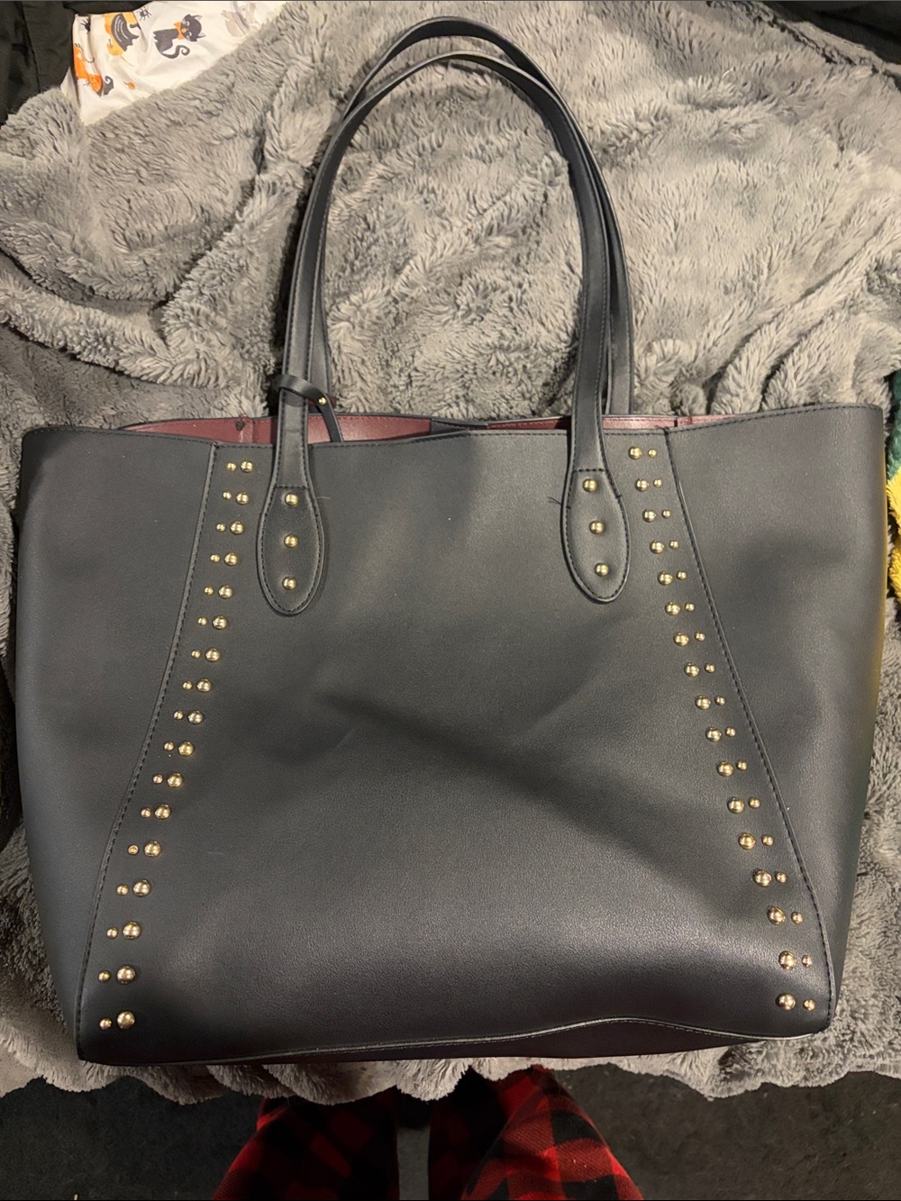 Black Studded Tote Bag with Burgundy Interior